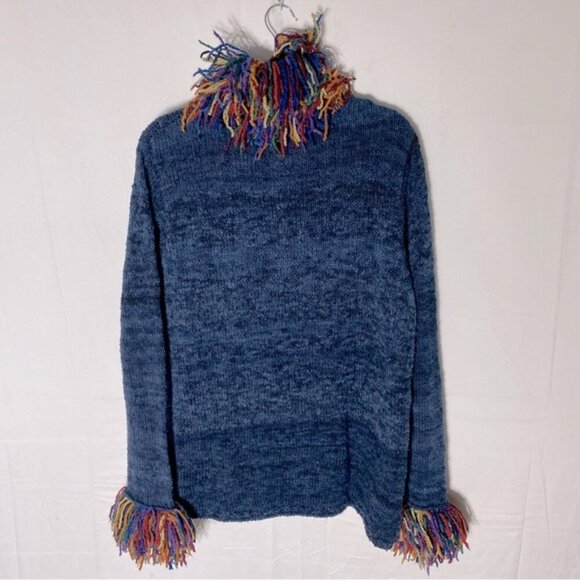 Vintage World Folk Art Imports Blue Wool Knit Sweater With Rainbow Fringe Trim M - Picture 14 of 15